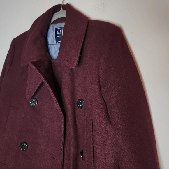 GAP Wool-blend Burgundy Double-breasted Long Pea Coat Heavy Women's Size Large - Picture 7 of 16